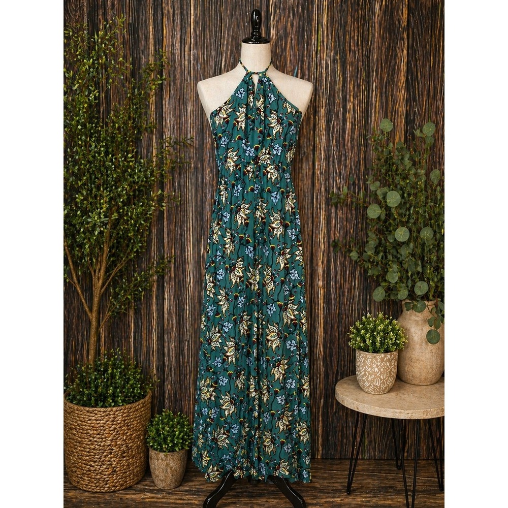 Valija Bali Jumpsuit Womens XL Teal Tropical Floral Halter Wide Leg NEW